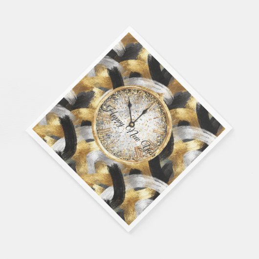 Serviette En Papier Glitzy Gold Silver Black New Year's Clock (Coin)