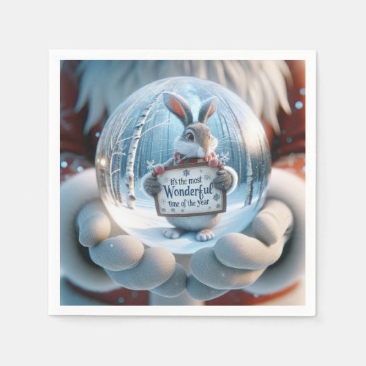 Serviette En Papier Globe De Neige De Noël Avec Lapin (Devant)