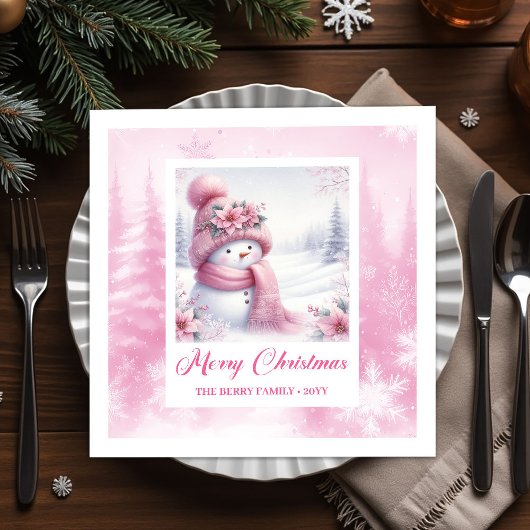 Serviette En Papier Glowing Pink Snowman Winter Forest Christmas 
