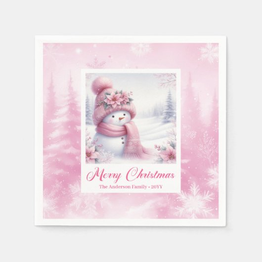 Serviette En Papier Glowing Pink Snowman Winter Forest Christmas  (Devant)