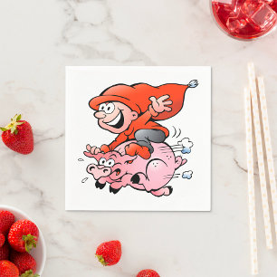 Serviette En Papier Gnome de dessin animé drôle chevauchant un cochon
