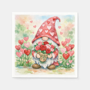 Serviette En Papier Gnome de la Saint-Valentin avec des roses rouges
