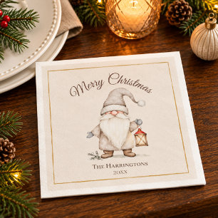 Serviette En Papier Gnome de Noël à l'aquarelle neutre avec lanterne