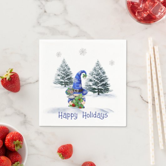 Serviette En Papier Gnome de Noël bleu avec arbre (En situation)