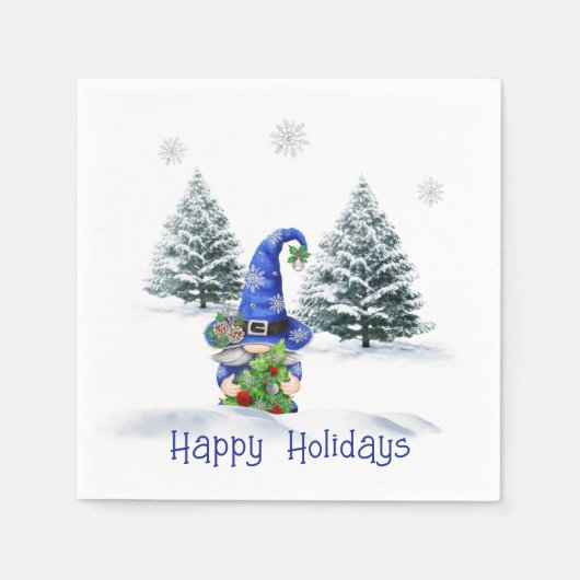 Serviette En Papier Gnome de Noël bleu avec arbre (Devant)