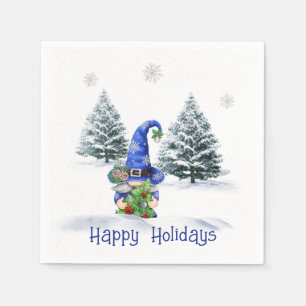 Serviette En Papier Gnome de Noël bleu avec arbre