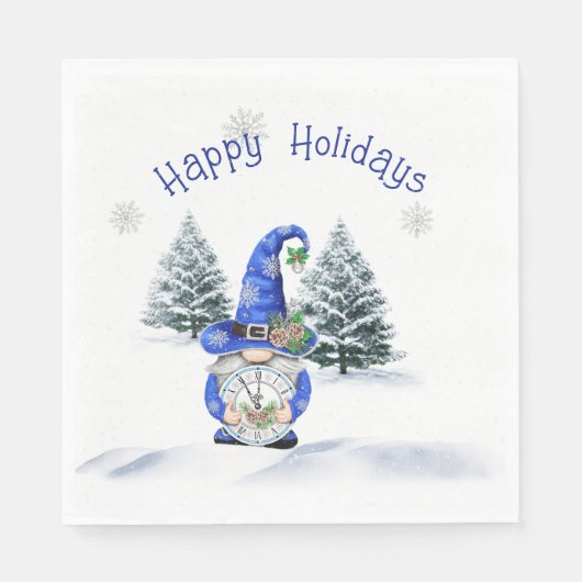 Serviette En Papier Gnome de Noël bleu avec horloge (Devant)