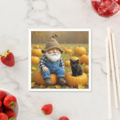 Serviette En Papier Gnome Farmer et Black Kitten en Citrouille (En situation)