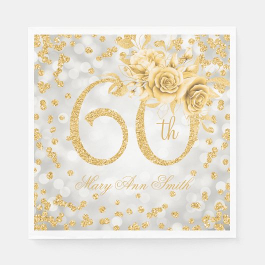 Serviette En Papier Gold 60e anniversaire Floral Silver Lumières (Devant)