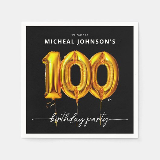 Serviette En Papier Gold Balloon Black 100e fête d'anniversaire (Devant)