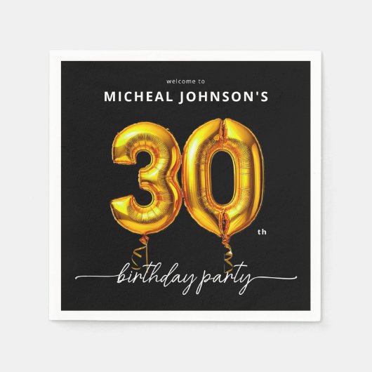 Serviette En Papier Gold Balloon Black 30th Birthday Party (Devant)