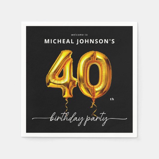 Serviette En Papier Gold Balloon Black 40e fête d'anniversaire (Devant)