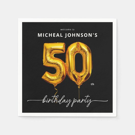 Serviette En Papier Gold Balloon Black 50e fête d'anniversaire (Devant)