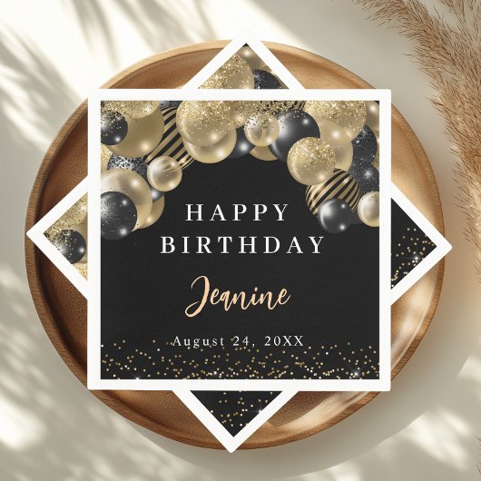 Serviette En Papier Gold Black Balloons Bonne fête d'anniversaire