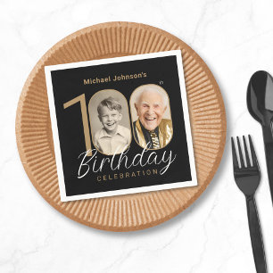 Serviette En Papier Gold Black Elegant Photo 100th Birthday Party