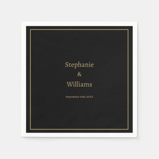 Serviette En Papier Gold Black Elegant Simple Nom Mariage Minimal (Devant)