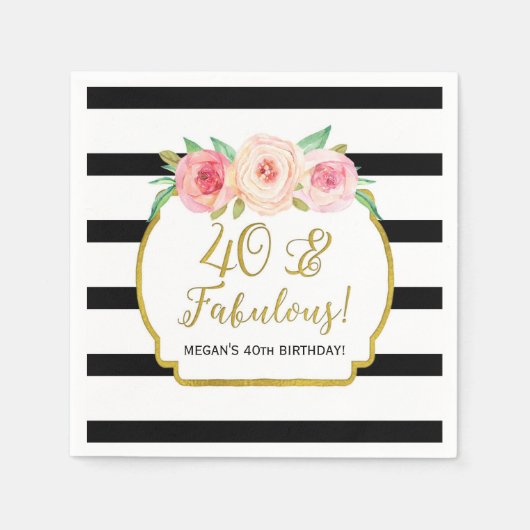 Serviette En Papier Gold Black Stripes Fleurs 40 & Fabuleux Anniversai (Devant)