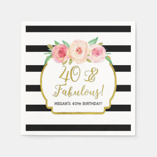 Serviette En Papier Gold Black Stripes Flowers 40 & Fabulous Birthday