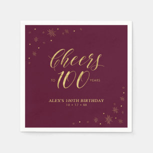 Serviette En Papier Gold & Burgundy Modern Cheers 100e fête d'annivers