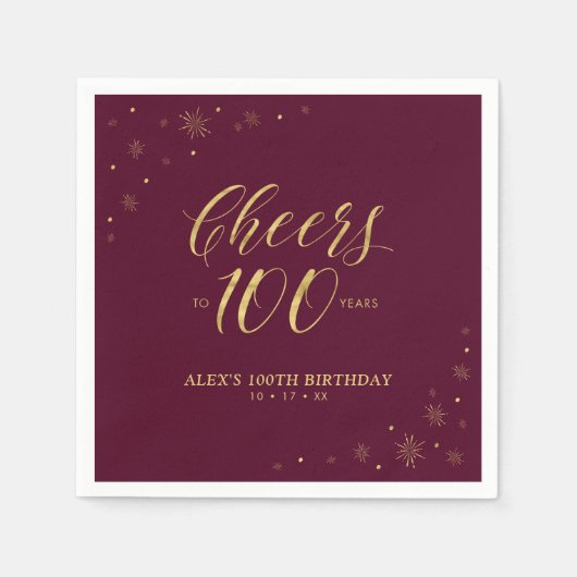Serviette En Papier Gold & Burgundy Modern Cheers 100e fête d'annivers (Devant)