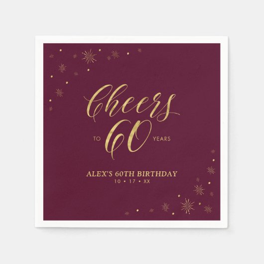 Serviette En Papier Gold & Burgundy Modern Cheers 60e fête d'anniversa (Devant)