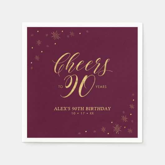 Serviette En Papier Gold & Burgundy Modern Cheers 90e fête d'anniversa (Devant)
