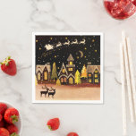 Serviette En Papier Gold Christmas Village Deer Winter Night<br><div class="desc">La nuit de Noël parfaite avec des rennes,  prendre l'avion et tirer le long de Père Noël et son traîneau. Ci-dessous,  un village attend avec impatience l'arrivée de St. Nick.</div>