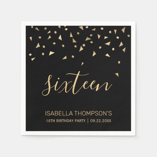 Serviette En Papier Gold Confetti sur Black 16th Birthday Party (Devant)