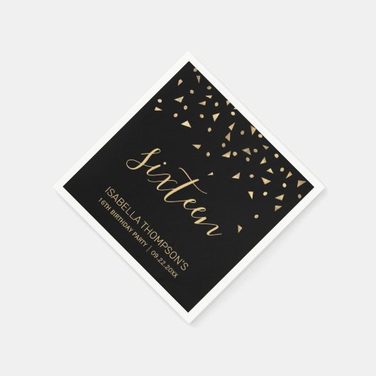 Serviette En Papier Gold Confetti sur Black 16th Birthday Party (Coin)