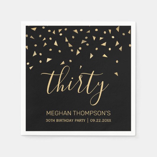 Serviette En Papier Gold Confetti sur Black 30th Birthday Party (Devant)