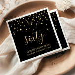 Serviette En Papier Gold Confetti sur Black 60th Birthday Party<br><div class="desc">Aidez-les à fêter leur 60ème anniversaire dans le style avec ce design simple mais élégant, avec des confettis triangulaires en faux or sifting down sur le mot "soixante" en écriture manuscrite élégante en or sur un arrière - plan noir. Personnalisez-le avec le nom de l'honneur en or sans serif police,...</div>