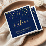 Serviette En Papier Gold Confetti sur Navy Blue 16th Birthday Party<br><div class="desc">Aidez-les à fêter leur 16ème anniversaire dans le style avec ce design simple mais élégant, avec des confettis triangulaires en faux or sifting down sur le mot "dix-huit" en écriture manuscrite en or stylisée sur un arrière - plan bleu marine. Personnalisez-le avec le nom de l'honneur en or sans serif...</div>
