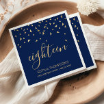 Serviette En Papier Gold Confetti sur Navy Blue 18th Birthday Party<br><div class="desc">Aidez-les à fêter leur 18ème anniversaire dans le style avec ce design simple mais élégant, avec des confettis triangulaires en faux or sifting down sur le mot "dix-huit" en écriture manuscrite en or stylisée sur un arrière - plan bleu marine. Personnalisez-le avec le nom de l'honneur en or sans serif...</div>