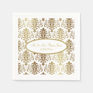 Serviette En Papier Gold Damask White Script Mariage élégant