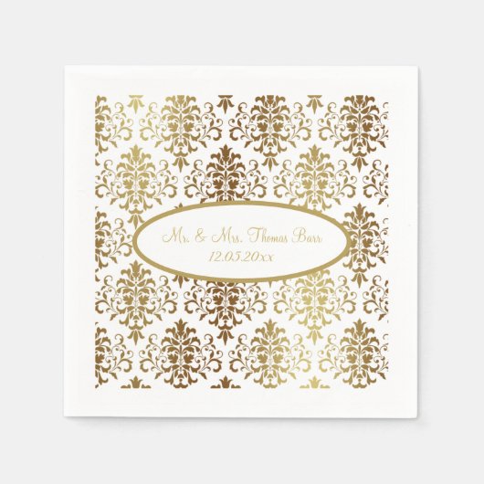 Serviette En Papier Gold Damask White Script Mariage élégant (Devant)