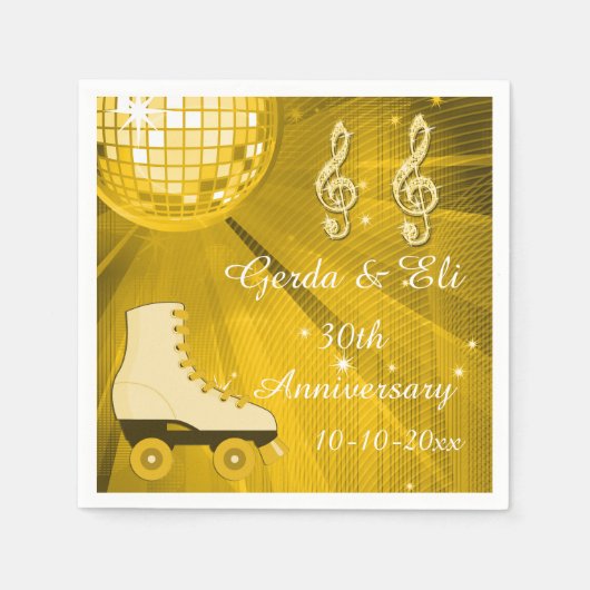 Serviette En Papier Gold Disco Ball and Roller Skates 30e anniversaire (Devant)