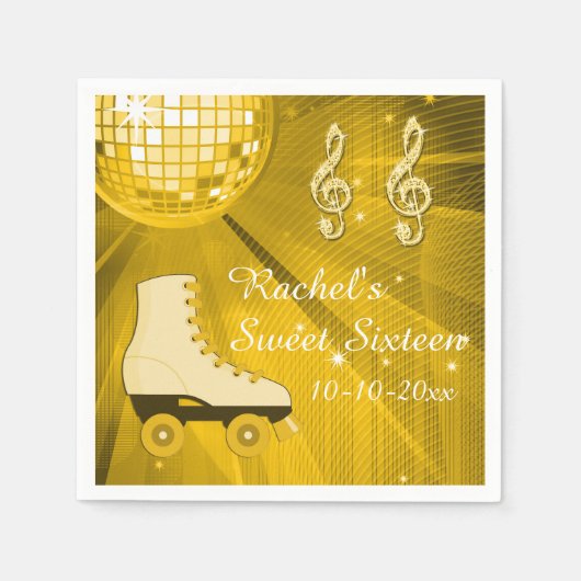 Serviette En Papier Gold Disco Ball et Roller Skates Sweet sixteen (Devant)