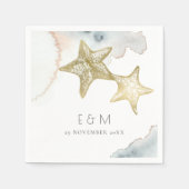 SERVIETTE EN PAPIER GOLD DUSKY BLUE BEACHING STARFISH MONOGRAM MARIAGE (Devant)