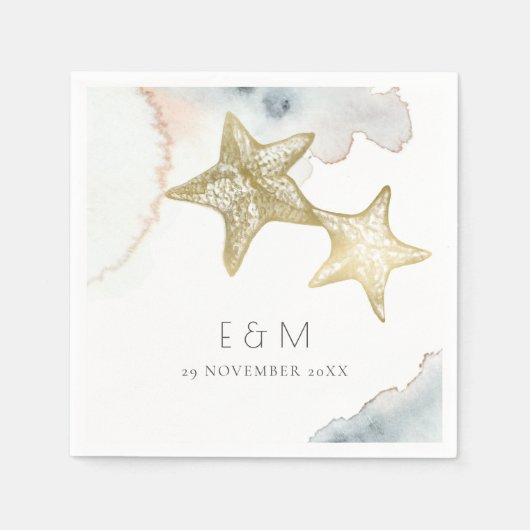 SERVIETTE EN PAPIER GOLD DUSKY BLUE BEACHING STARFISH MONOGRAM MARIAGE (Devant)