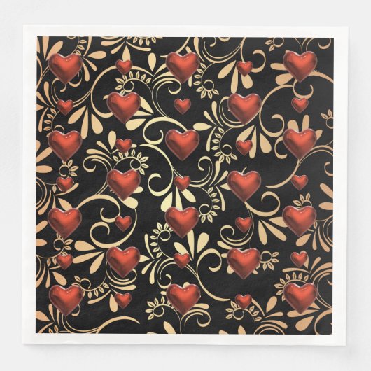 Serviette En Papier Gold et Black 3 D Coeurs rouges (Devant)