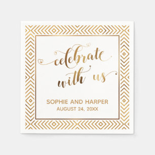 Serviette En Papier Gold et White Célébrent avec nous, Coeurs Diamonds
