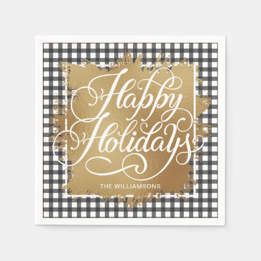 Serviette En Papier Gold Faux Foil Happy Holidays Black Check (Devant)