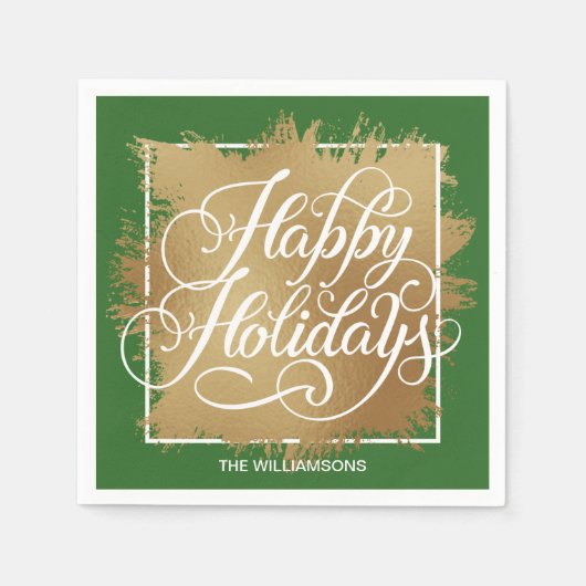 Serviette En Papier Gold Faux Foil Happy Holidays Green (Devant)