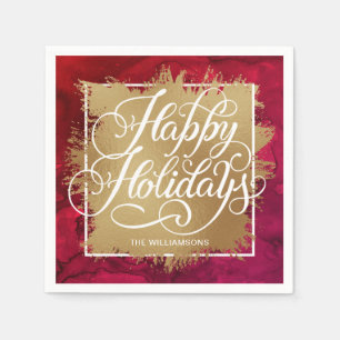Serviette En Papier Gold Faux Foil Joyeuses vacances sur l'aquarelle r