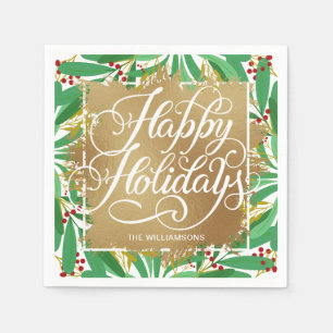 Serviette En Papier Gold Faux Foil Joyeuses Vacances Vertes Berries