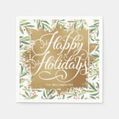 Serviette En Papier Gold Faux Foil Joyeuses Vacances Vertes Berries (Devant)