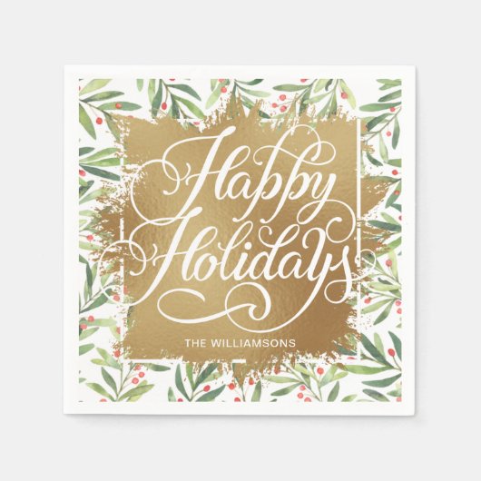 Serviette En Papier Gold Faux Foil Joyeuses Vacances Vertes Berries (Devant)