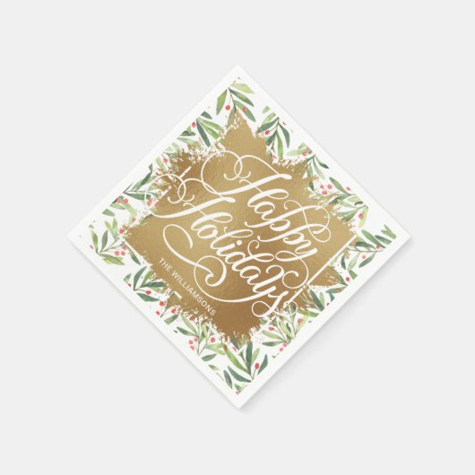 Serviette En Papier Gold Faux Foil Joyeuses Vacances Vertes Berries (Coin)
