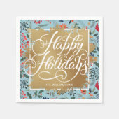 Serviette En Papier Gold Faux Foil Joyeux Fleurs d'hiver Bleu (Devant)