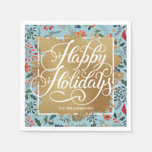 Serviette En Papier Gold Faux Foil Joyeux Fleurs d'hiver Bleu